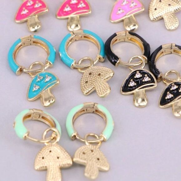 Gold Plated Rainbow Colored Enamel Mushroom Capped Huggie Hoop Festival Earrings - Picture 8 of 13